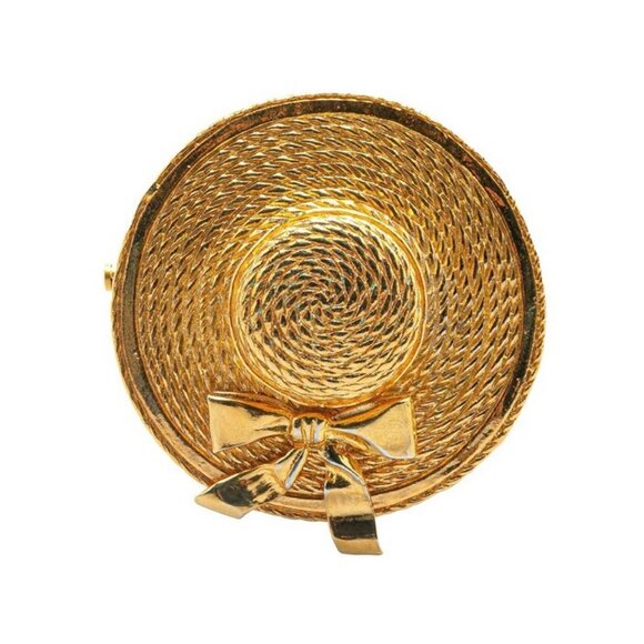 CHANEL Ribbon Straw Hat Brooch Gold Tone Pin Auth＃12066 - Picture 1 of 4